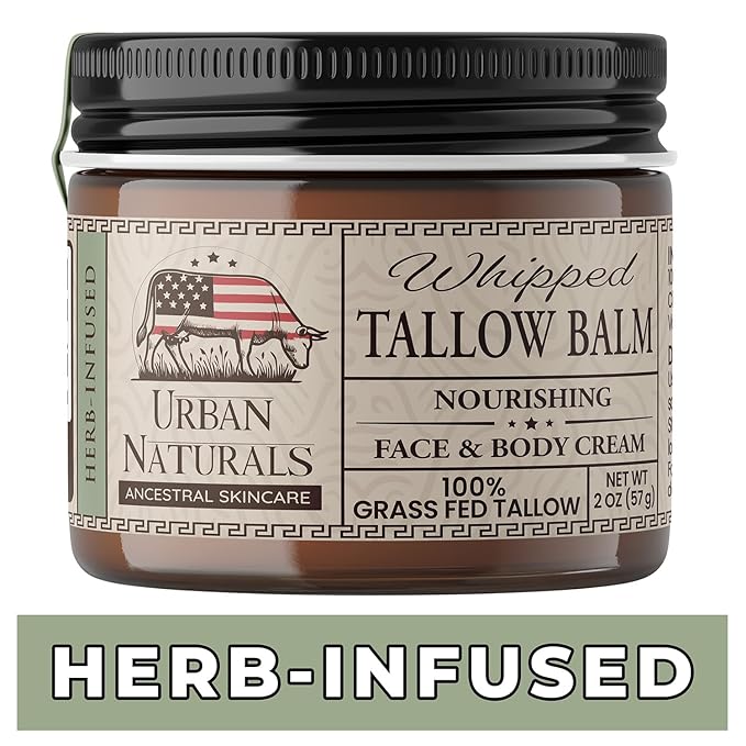 Urban Naturals Handmade Whipped Tallow Balm (Unscented/Herb-Infused) - 100% Grass-fed Organic Body Butter with Infused Jojoba Oil, for Eczema, Rosacea, Baby - 2 oz