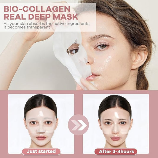 Collagen Mask Deep Hydrating Bio-Collagen Mask Overnight Collagen Sheet Masks Elasticity lmprovement Lifting Real Collagen Essence Hydrating Moisturizing Pore Minimizing Facial Mask Sheets 8 Packs