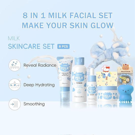 8 PCS Facial Skin Care Sets & Kits, Milk Skincare Set, Travel Skincare Set for Women & Teens, Hydrating Milk Skincare Routine for Girls 10-12, Brilliant Self Care Kit, Deep Moisturizing Gentle