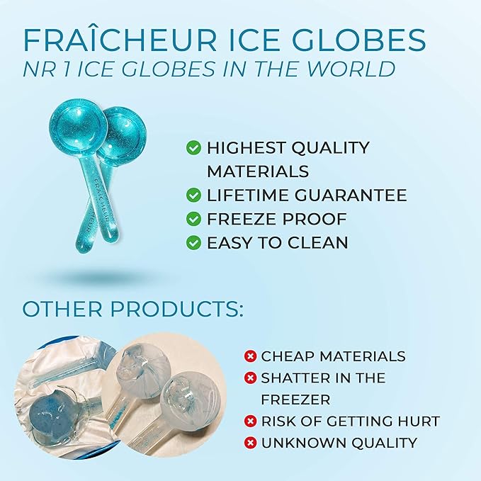 FRAÎCHEUR ICE Globes | Frozen Cryo Roller for Cold Facial Massage | Skincare Cooling Glass Massager with Anti-Freeze Liquid Inside | Reduce Puffiness, Pores (Pink with Glitters)