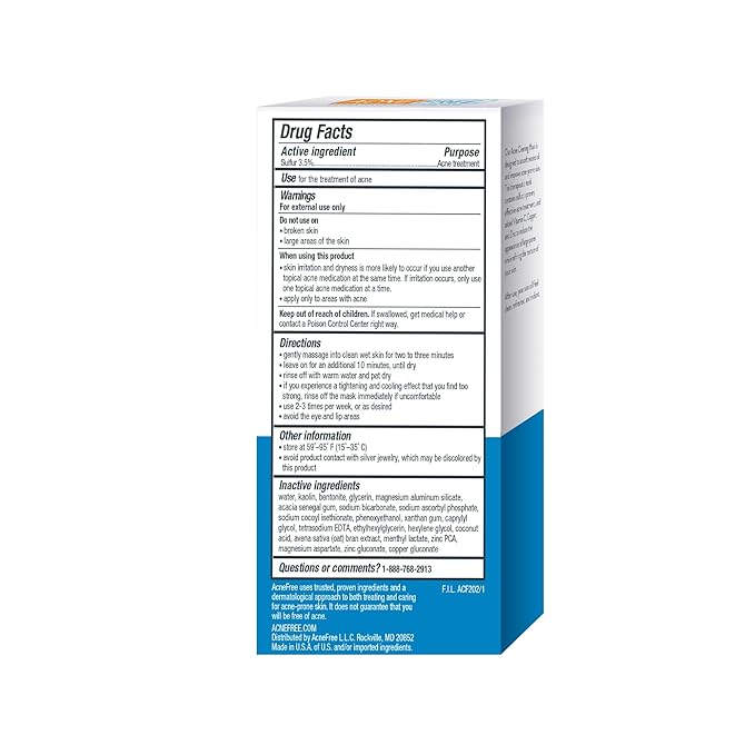 AcneFree Acne Clearing Mask, 3.5% Sulfur Acne Treatment, Absorbs Excess Oil and Unclogs Pores with Vitamin C, Bentonite, and Zinc, 1.7 Ounce