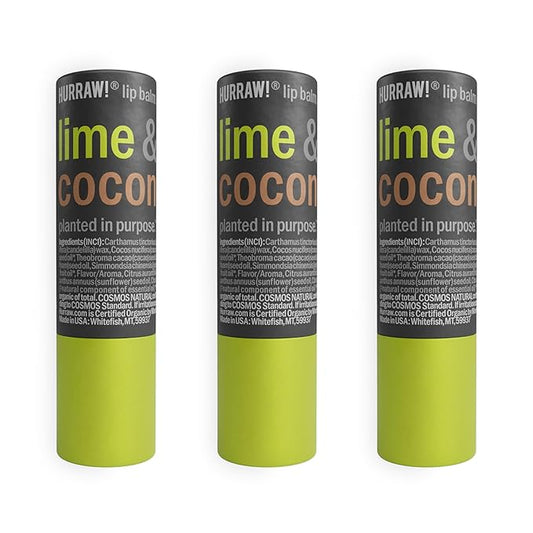 Hurraw! Lime & Coconut Lip Balm, 3 Pack: Plastic-Free with new cardboard push-up tube. Certified Organic, All Natural Origin, Vegan & Cruelty Free. Gluten Free. Bee, Shea, Soy & Palm Free. Made in USA