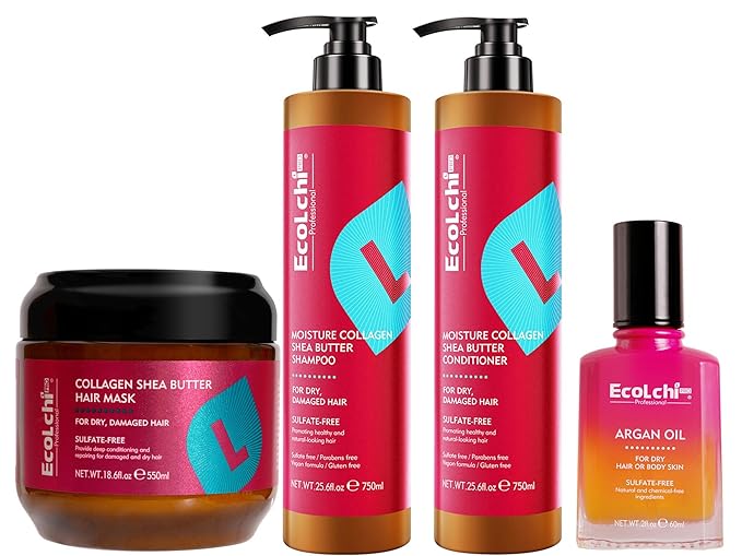 Ecolchi Hair Mask Argan Oil Shampoo and Conditioner Set Conditioning Moisture Collagen Deep Repair Hair Treatment Shampoo Conditioner Set for Dry and Damaged All Hair Types 550+60+2X750ml