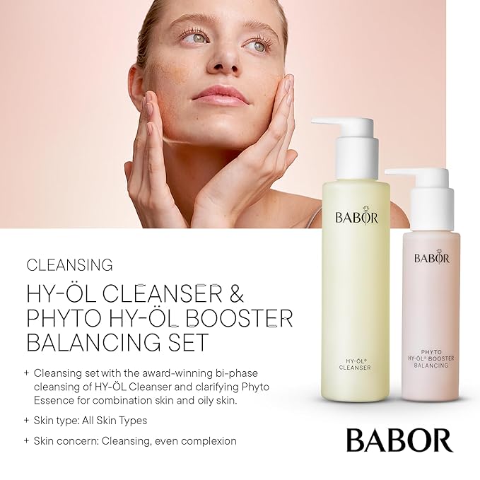 BABOR HY-OL Cleanser & Phyto HY-OL Booster Balancing Set, Double Cleansing, Oil Cleanser and Makeup Remover Oil, Evens Complexion for Combination & Oily Skin