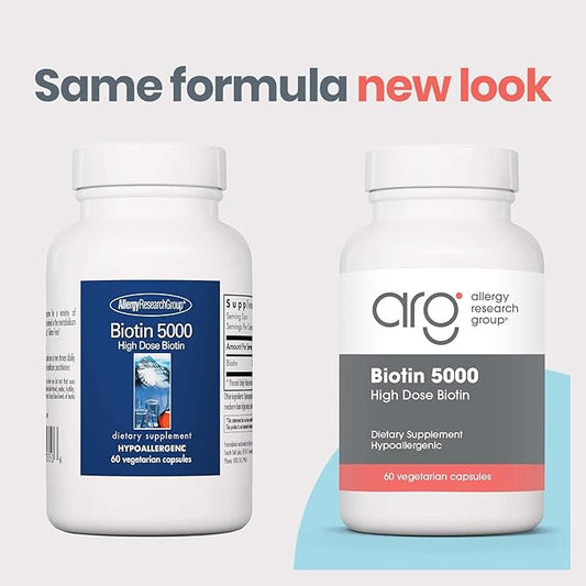 Allergy Research Group Biotin 5000 Supplement - 5000mcg Biotin, Vitamins for Hair, Skin and Nails, High Dose, Vegetarian Capsules, Hypoallergenic, Gluten Free - 60 Count