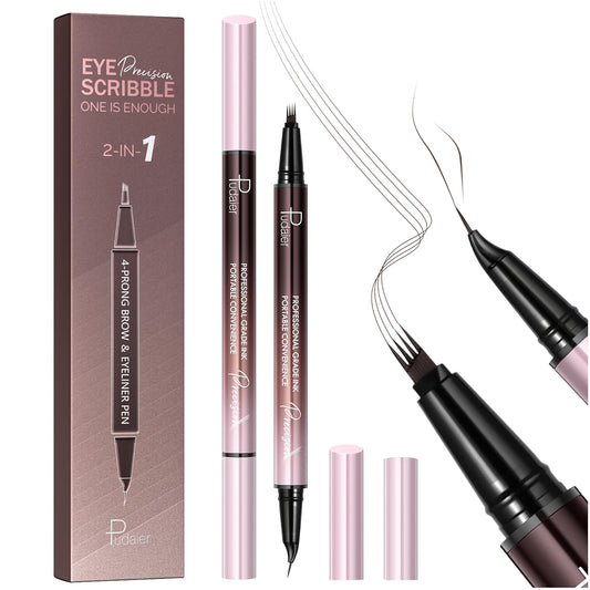 2 Pack Eyebrow Pen, Waterproof Microblading Eyebrow Pencil, 2-in-1 4 Tip Eye Brow Makeup Pen for Women with Precise Curved Brush-Tip Create Natural Hair-Like Brows, Last All-Day (Cool Brown)