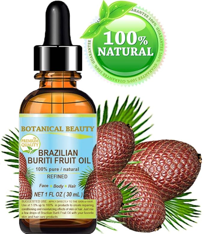 Botanical Beauty Brazilian BURITI FRUIT OIL 100% Pure Natural Refined Cold Pressed Carrier Oil Undiluted 1 fl.oz- 30 ml for Face, Skin, Body, Hair, Nails