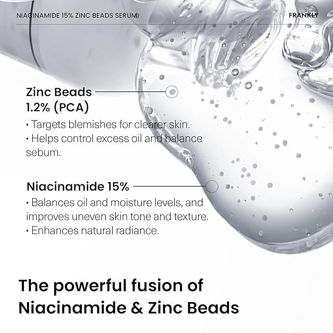 FRANKLY Niacinamide 15% & Zinc Beads Serum: Acne & Dark Spots Care, Oil Control, Even Skin Texture & Glow | Vegan & Cruelty-Free | Non-Comedogenic All skin types Korean Skincare | 1.01 fl.oz