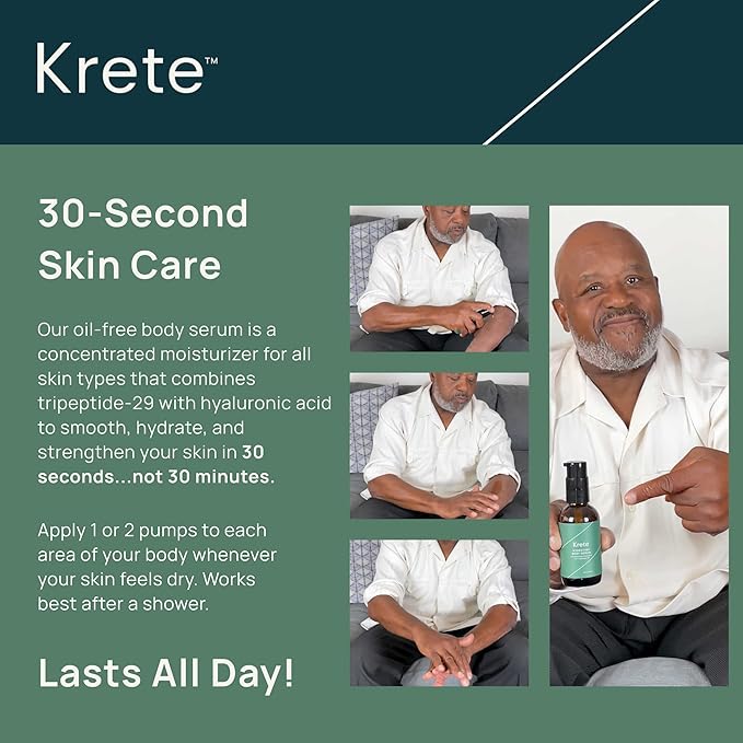 KRETE Hydrating Body Serum for Men - Moisturize, Smooth, Hydrate & Strengthen Your Skin In 30-Seconds, Oil-Free, All Skin Types, with Tripeptide-29 & Hyaluronic Acid