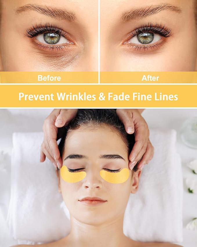 2 Pairs Reusable Under Eye Wrinkle Patches Silicone Mask, Plump Fine Lines & Wrinkles, with Metal Eye Cream Applicator, Tin Case, Gold