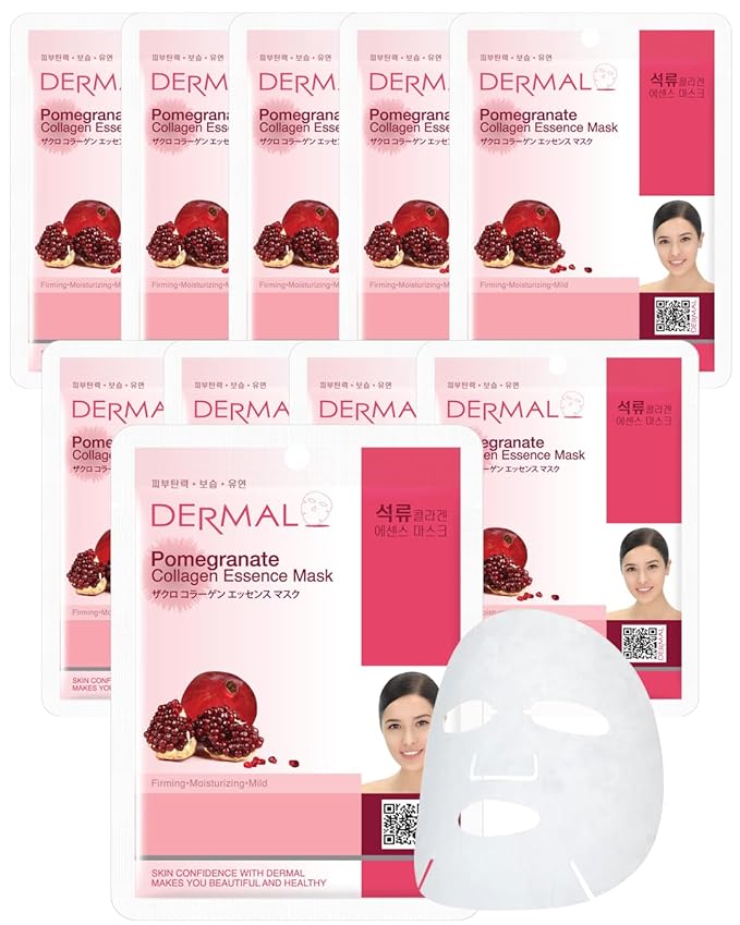 DERMAL Pomegranate Collagen Korean Facial Mask Sheet Pack of 10- Revitalizing, Vibrant Skin, Elasticity - Hypoallergenic Skin Friendly Sheet