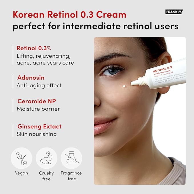 FRANKLY Retinol 0.3% Cream, 0.7 fl oz - Intensive Retinol | Night Cream | Retinol, Ceramides & Natural Ginseng | Anti-aging, Wrinkles Care, Reduces Congestion and hyperpigmentation | Korean Skin Care