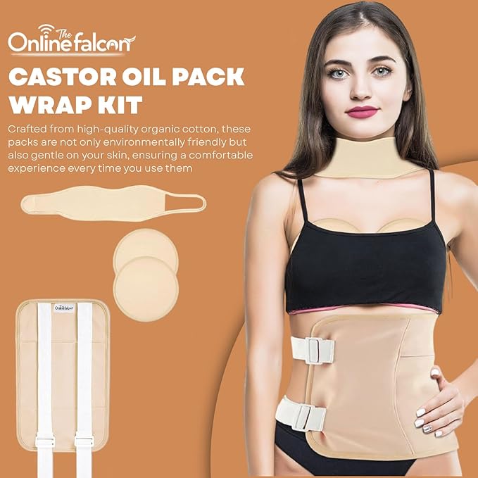 Castor Oil Pack Wrap Kit, 4 Pcs Organic Cotton, Adjustable Strap for Neck, Waist, Chest, Knee, Reusable, Washable - Detox, Constipation, Inflammation (Khakhi)