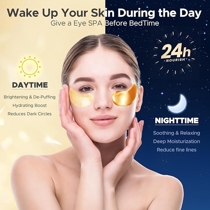 Under Eye Patches for Puffy Eyes,Dark Circles,Wrinkles & Eye Bags-Day & Night Eye Mask Gel Set with Collagen & 24K Gold,Ideal Undereye Skincare Gift for Bridesmaids, Women & Birthdays