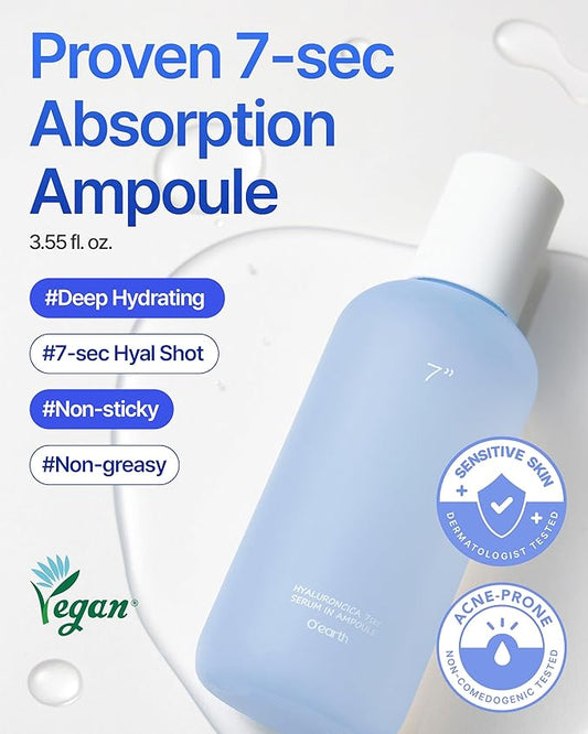 O'EARTH Triple Layer HyaluronCica 7sec Serum In Ampoule - Ultra-Hydrating, Soothing, Non-Sticky Formula for Deep Skin Nourishment and Firmness, 3.6 fl.oz.