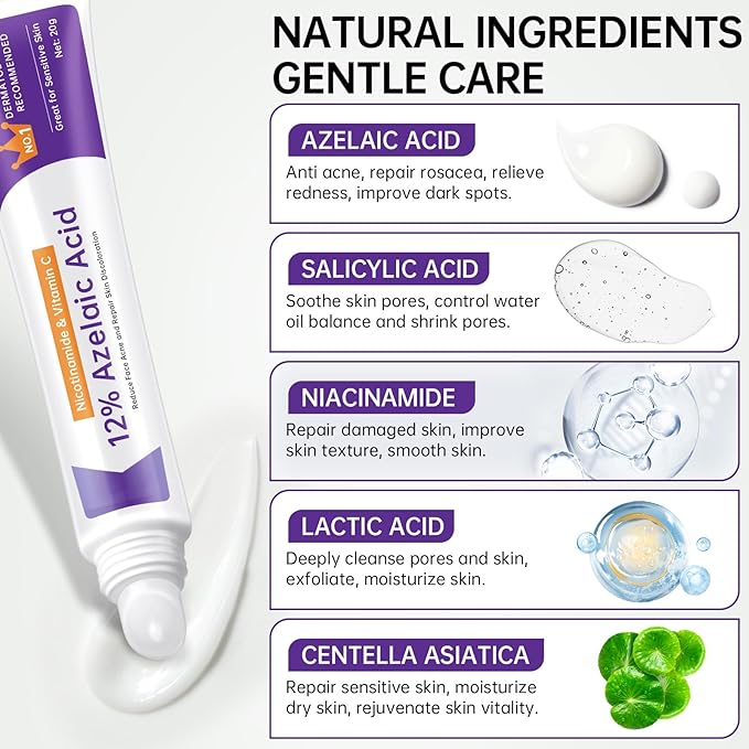 Azelaic Acid 12% Cream For Face, Azelaic Acid Acne Cream For Rosacea Treatment, Redness Relief, 0.7 OZ Azelaic Acid Gel With Salicylic Acid & Niacinamide For Dark Spot, Skin Care.