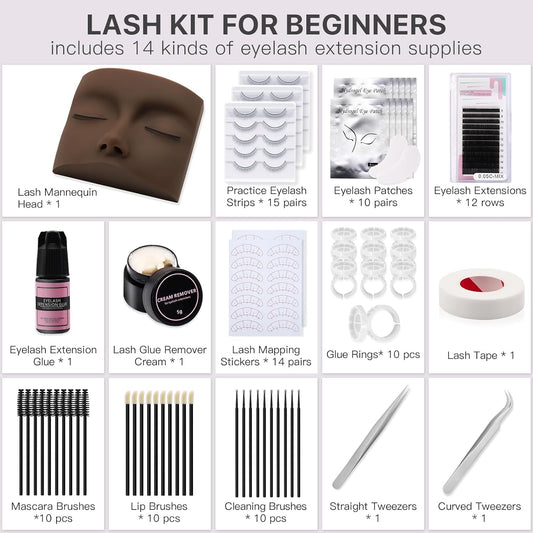 Lash Kit for Beginners, Eyelash Extension Kit with Eye Lash Mannequin Head, Eyelash Extension Glue, Remover Cream, Tweezers for Practice Training