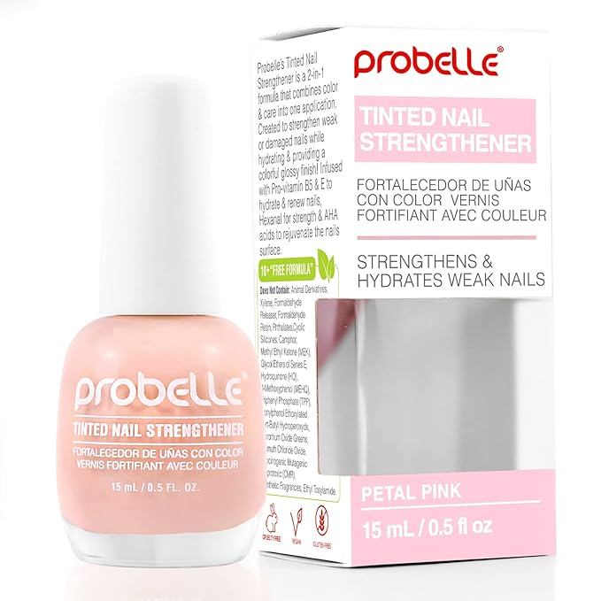 Probelle Tinted Nail Strengthener, Colored Nail Strengthening Treatment, Nail Growth and Repair, Stops Peeling, Splits, Chips, Cracks, and Strengthens Nails (0.5 Fl Oz (Pack of 1), Petal Pink)