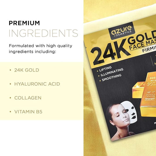 Azure Cosmetics 24K Gold Firming Face Mask- Anti Aging, Hydrating, Toning & Firming Facial Mask - Helps Reduce Wrinkles & Fine Lines - With Hyaluronic Acid & Collagen - Made in Korea - Pack of 5