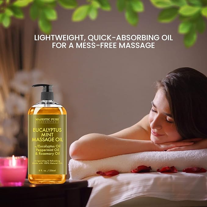 MAJESTIC PURE Eucalyptus Mint Massage Oil - Invigorating, Refreshing, and Relaxing - Massage, Made with Natural Oils - for All Skin Types - Men and Women - 8 fl oz