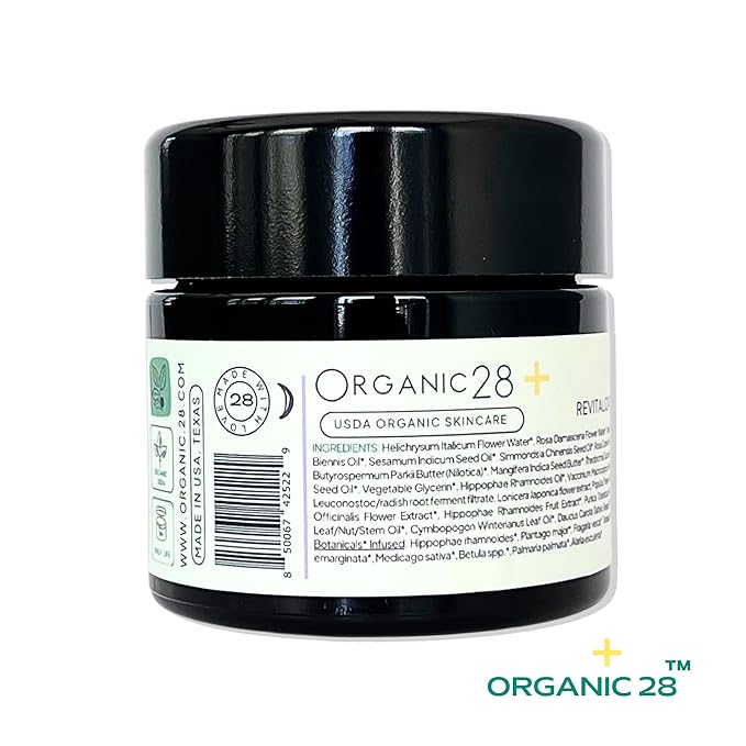 ORGANIC28+. 100% Organic Face Cream – USA Made. 53 Botanicals. 2 X Size. Revitalization Night Moisturizer Face & Décolletage. Vegan Face Cream. Rejuvenating + Aromatherapy Bulgarian Rose +.3.9 FL. Oz