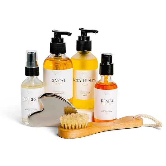 Healing Happy Method - Skin Care Set - 4 oz. Cleanser, Toner, Moisturizer, Body Oil, Gua Sha & Brush - Vegan Beauty Gift Sets - Skincare Kit for Nourished, Radiant Skin