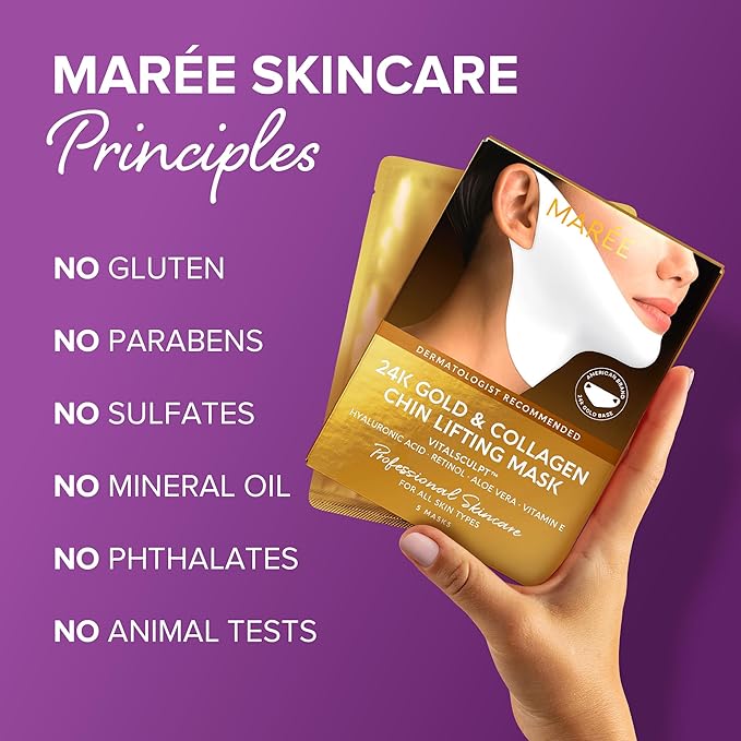 MAREE V Line Lifting Mask with 24K Gold - Deep Collagen Jawline Shaper Mask with Retinol for Face Lift - Facial Skincare Chin Strap - Hyaluronic Acid, Vitamin E - 5 Count