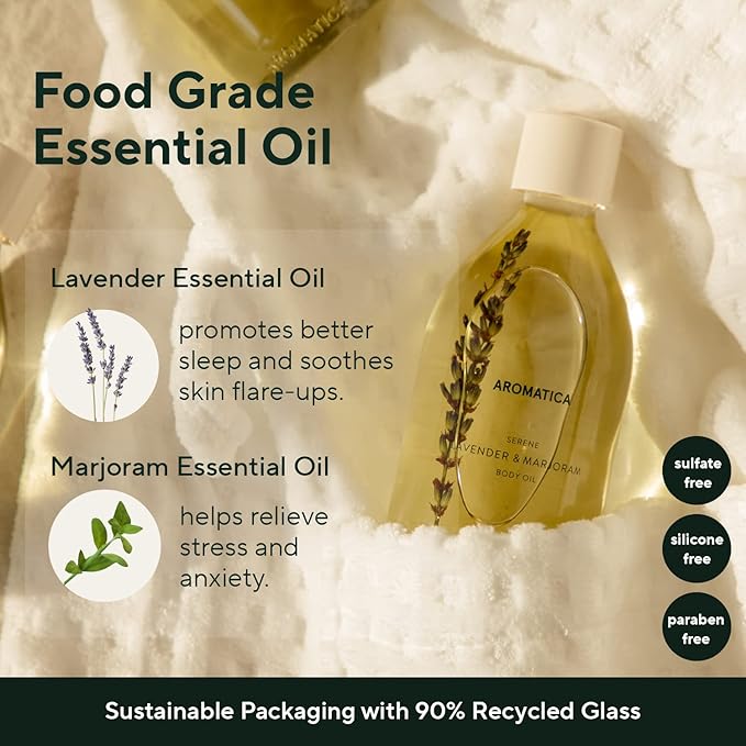 AROMATICA Serene Body Oil Lavender & Marjoram essential oil, Aromatherapy Oils, Scented Body Oil, After Shower Natural oil for women, Non-Greasy Body Serum, Body Moisturizer for Dry Skin 3.38 fl. oz