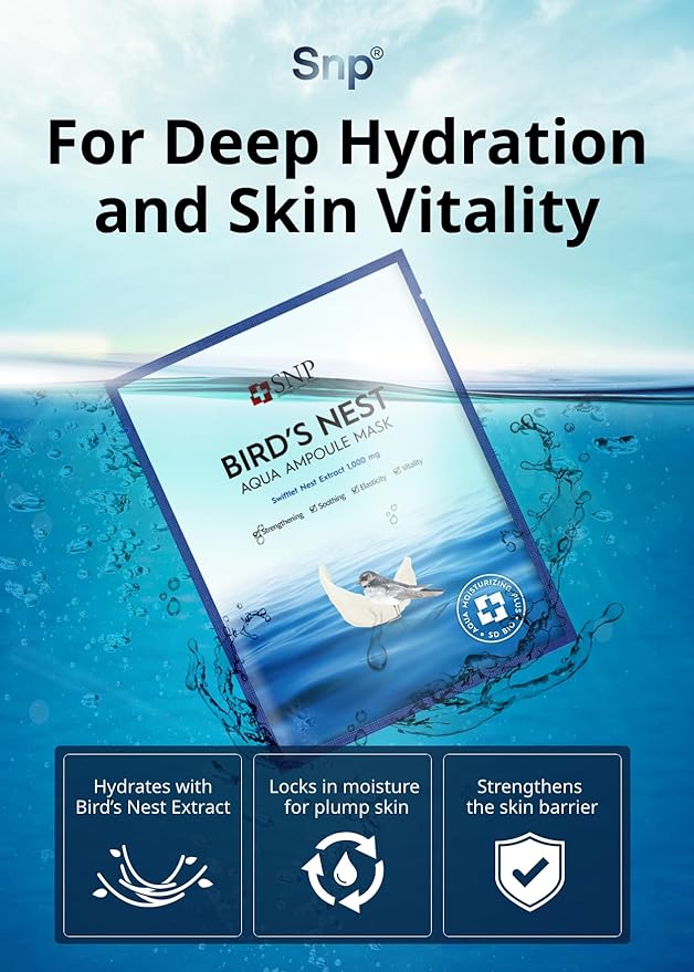 SNP [K Beauty Bird's Nest Ampoule Sheet Mask | Hyaluronic Acid Sheet Mask | Maximum Hydration and Protection for All Dry Skin Types | Korean Skincare Facial Mask | 10 Sheets