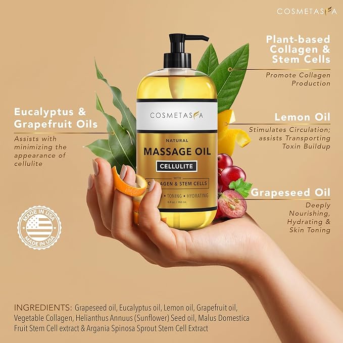 Cellulite Massage Oil with Collagen & Stem Cells- 100% Natural Anti Cellulite Oil, Assists with Firming, Toning & Moisturizes Skin 8.8 oz. by Cosmetasa