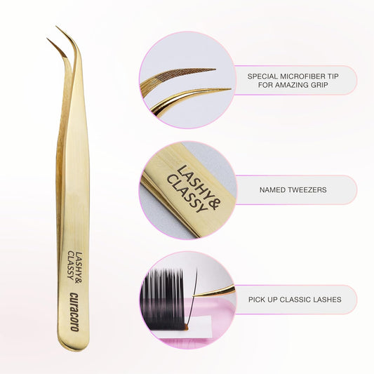 Curacoro Lash Tweezer - Professional & Precision Fiber Tip Grip Lash Tweezers for Eyelash Extensions, Multi Shapes & Purposes Tweezers for Volume, Isolation & Classic Lashes (Gold, Lashy and Classy)
