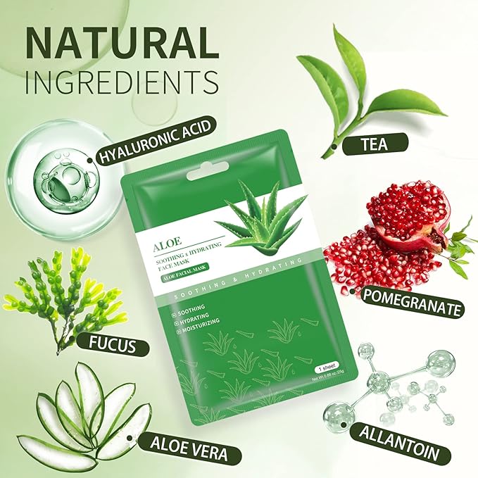 Face Masks Skincare Sheet Mask Aloe Vera Sheets Mask, Hydrating Face Masks Soothing Facial Mask for All SkinTypes Sun Care, Facial Masks for Women Skin Care Sheet Masks for Face Pack of 10