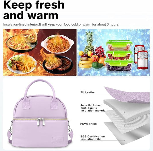 BALORAY Lunch Bag for Women Men, Double Deck Lunch Box for Adults, PU Leather Lunch Tote Bag Insulated Lunch Bags with Strap for Work Office Picnic (Purple)