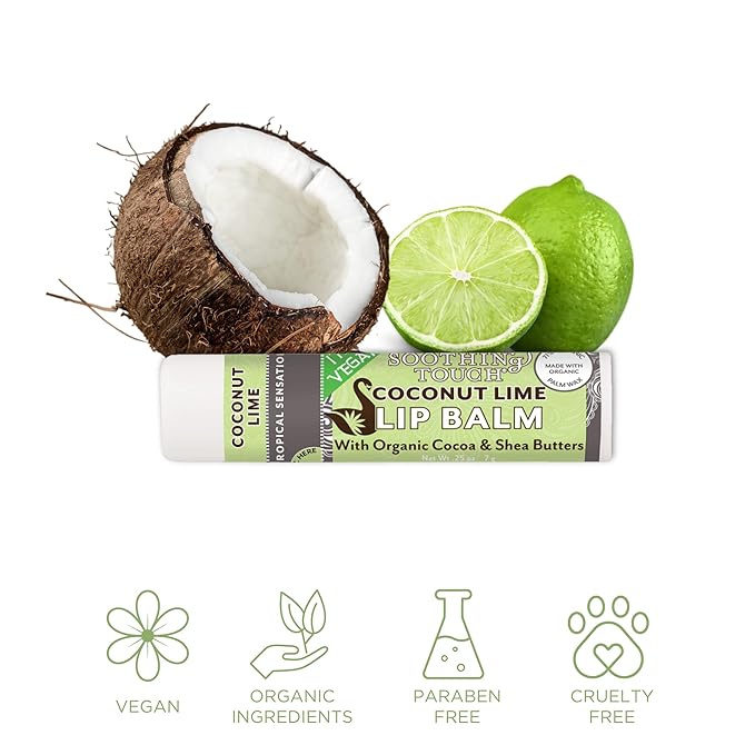 Vegan Lip Balm Set - Variety Pack of 3 Soothing Touch Lip Balms. Large 0.25 oz size. Includes Bonus Muslin Pouch (3 x 4 in). Unique Gift Bundle from Tiny Seed (Coconut Lime, Peppermint, Unscented)