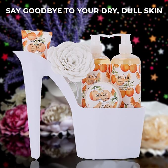 Draizee Mothers Day Gifts for Mom - Spa Gift Baskets for Women - 8 Pcs Luxury Citrus Scented Heel Shoe Design Bath and Body Spa Set - Self Care Package for Women, Present for Mom-Body Care Set for Her