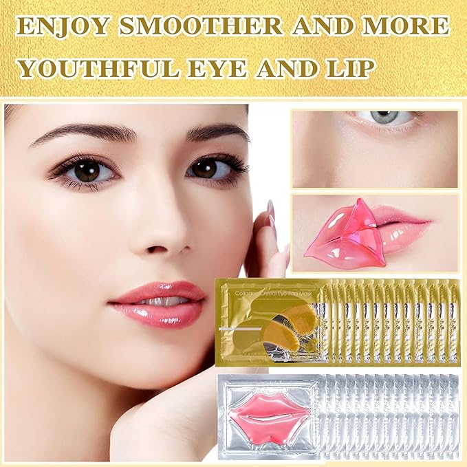 Gold Eye Mask And Pink Lip Mask,Natural Gel Eye Masks,Under Eye Gel Patches for Dark Circles,Eye Mask for Puffy Eyes,10 Pairs Gold Eye Mask And 10 Pcs Pink Lip Mask