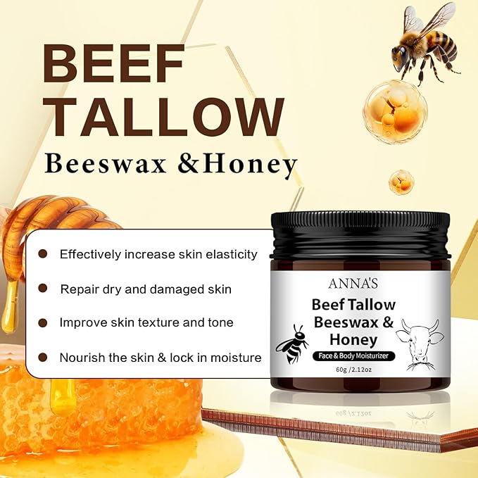 ANNA'S Beef Tallow and Honey Balm for Skin, All-Natural Moisturizer for Face and Body, Hydrating Grass-Fed Beef Tallow & Raw Wild Honey Blend (60g/2.120z)