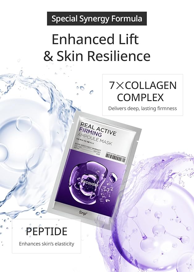 [K Beauty] Real Active Firming Ampoule Sheet Mask | Revitalizing and Strengthening for All Skin Types | Vegan Sheet Masks with 7 Collagen and Peptides | Collagen Face Masks Skincare | 10 Sheets