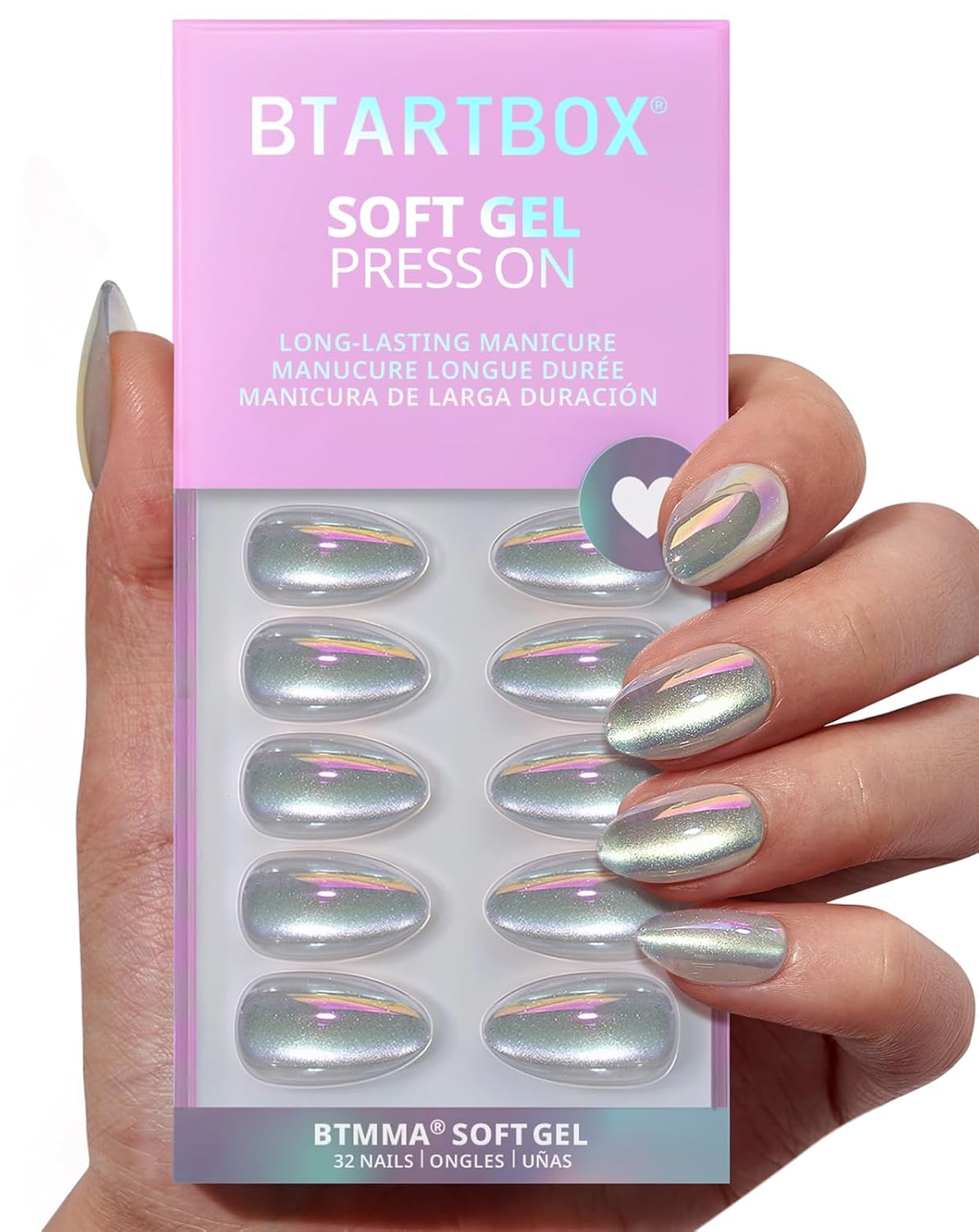BTArtbox Press On Nails Short - Chrome Cat Eye Almond Press On Nails with Glue for Women, Opaque Soft Gel Glue On Nails in 16 Sizes - 32 Stick On Nails Kit, Chaos Chrome