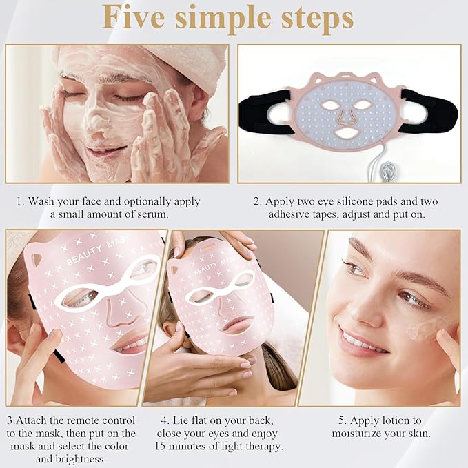 Red Light Therapy For Face,Led Face Mask Light Therapy, 7 Color Red Light Therapy Mask, Rechargeable,Portable,Household Led Face Mask (Pink)