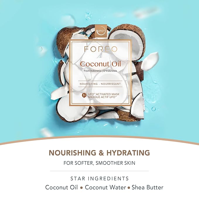 FOREO Coconut Oil Dual UFO Activated Facial Mask for Dehydrated Skin, 6 pack, Nourishing & Hydrating, Coconut Oil & Coconut Water, Cruelty-Free, Clean Formula, Compatible with all UFO devices