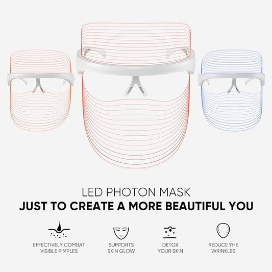 LED Face Mask Light Therapy Facial Photon Beauty Device with USB Cable 3 Colors LED Skin Care Treatment Mask for Facial Rejuvenation, Anti-Aging