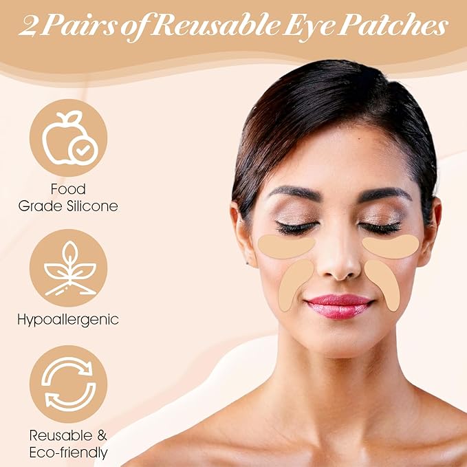 Lusofie 2Pairs Reusable Under Eye Patches Silicone Eye Patches Wrinkle Patches with Metal Applicator for Plump Fine Lines & Wrinkles, Tin Case (Cream Color)