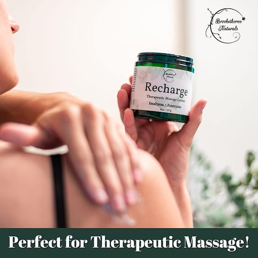 Recharge Massage Lotion for Massage Therapy & Home Use | Cream for Effortless Glide Massaging Body Lotion | Shea Butter, Coconut Oil, Eucalyptus, Peppermint Essential Oil - Brookethorne Naturals