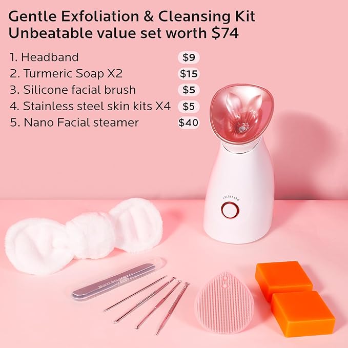 Colorfarm Facial Steamer Skin Care Kit: Face Steamer Home Spa Deep Cleaning Unclogs Pores Blackheads with 4 Skin Care Tools - Relaxing Self Care Gifts for Women (Gentle Exfoliation & Cleansing Kit)