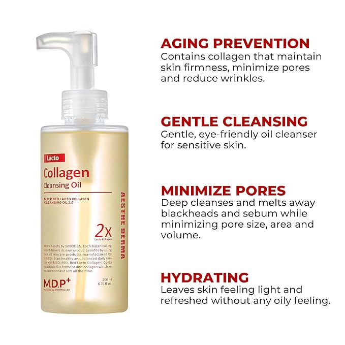 MDP+ RED LACTO COLLAGEN CLEANSING OIL 2.0, Pore Control, Deep Cleansing|6.76oz/200ml,Daily Makeup Remover, Blackhead Melting, Pore Cleanser, Korean Facial Cleanser