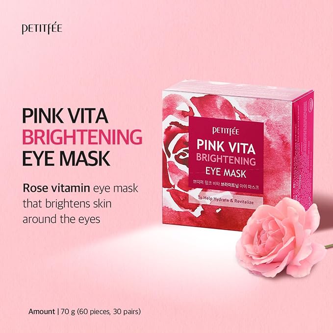 Pink Vita Brightening Eye Mask 60 Pieces (30pairs) - Rose and Vitamin B Eye Patch, Soft Bamboo Sheet Mask, Evens Skin Tone, Rose Extract, Vitamin Tree Extract, Radish Extract, Beet Root Extract