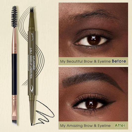UCANBE Eyebrow Pencils for Women with Spoolie Brush, Dual-Ended Eyebrow Pen with 4-Fork-Tip & Gel Eyeliner, Microblading Brow Pen with Eyeliner Pencil + Brow Brush for Hair Like Brows, Soft Black