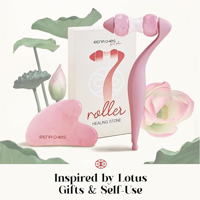 Rena Chris Facial Roller and Gua Sha Set - Jade Gua Sha Facial Tools & Face Roller with Aluminum Alloy Handle and 316 Stainless Steel Shaft for Puffiness Reducing,Skin Care Gift for Women