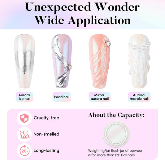 AIMEILI Pearl Chrome Nail Powder, Vegan, Cruelty Free, 12 Colors Aurora Metallic Holographic Mirror Effect Nail Art Pigment Iridescent Shell Glitter Nail Art